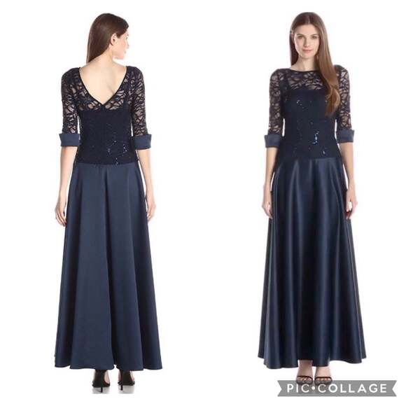 JS COLLECTION  Navy Sequin Lace Sleeve Drop Waist Evening Gown size 14 - Picture 1 of 12